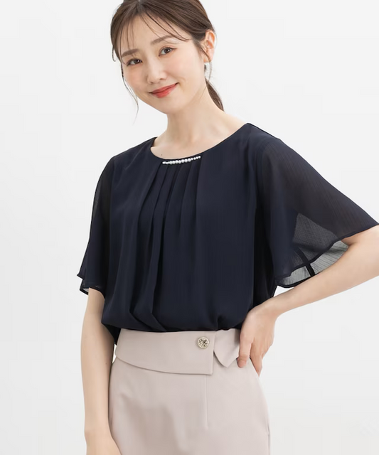 🇯🇵 日本直送 Honeys GLACIER 涼感內襯珍珠領荷葉袖雪紡上衣 👚✨ 580063034337