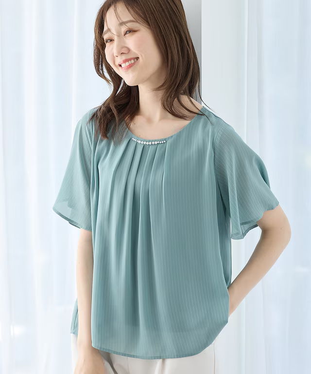 🇯🇵 Direct from Japan: Honeys GLACIER Cooling Liner Pearl Collar Ruffle Sleeve Chiffon Top 👚✨ 580063034337