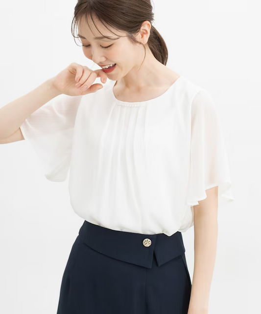 🇯🇵 日本直送 Honeys GLACIER 涼感內襯珍珠領荷葉袖雪紡上衣 👚✨ 580063034337