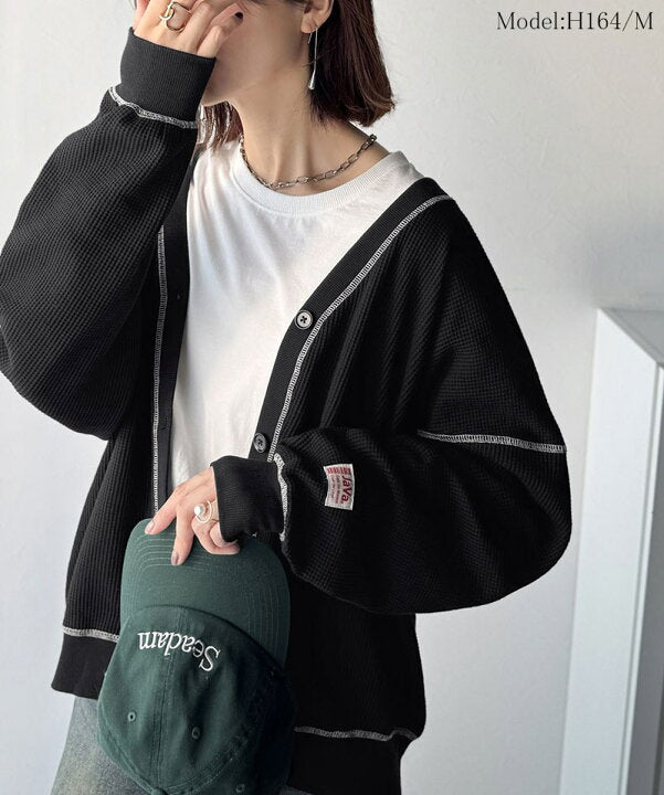 🇯🇵 日本直送 Classical Elf × Java 聯乘 配色車線華夫格 V 領寬鬆開襟外套 🧥 jv1260505